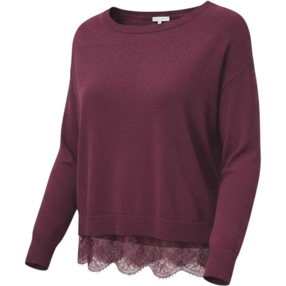 Banana Republic Lace Hem Wool Blend Sweater Relaxed Crewneck Burgundy Fall XS